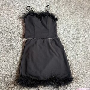 Black Feather Trim Two Piece Set Sleeveless Top Mini Skirt‎ Party XS